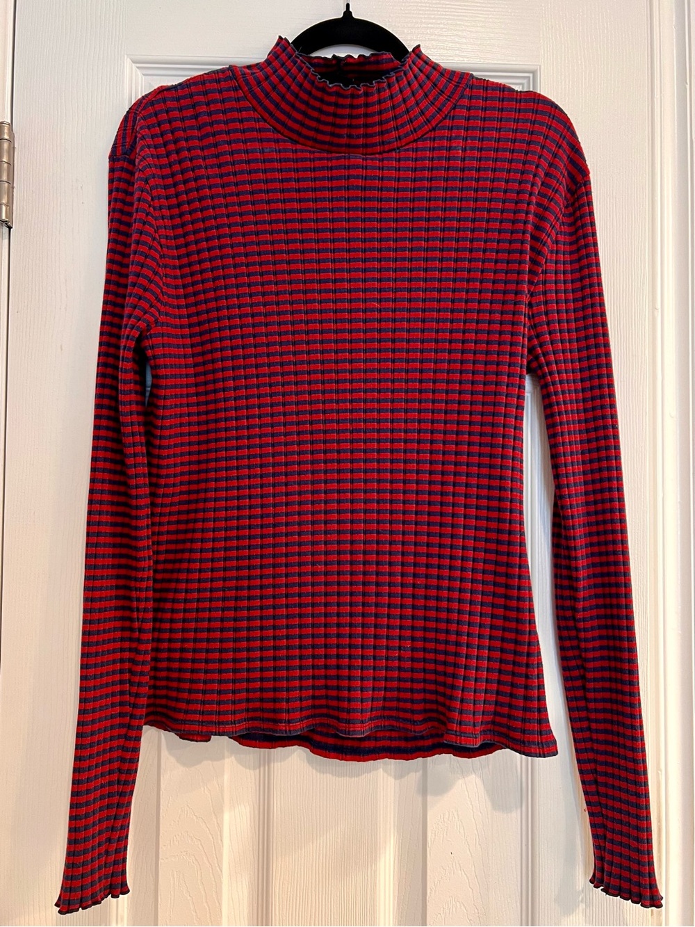 J. Crew Red and Navy Ribbed Mock Neck Long Sleeve Sweater Top Layering Classic L